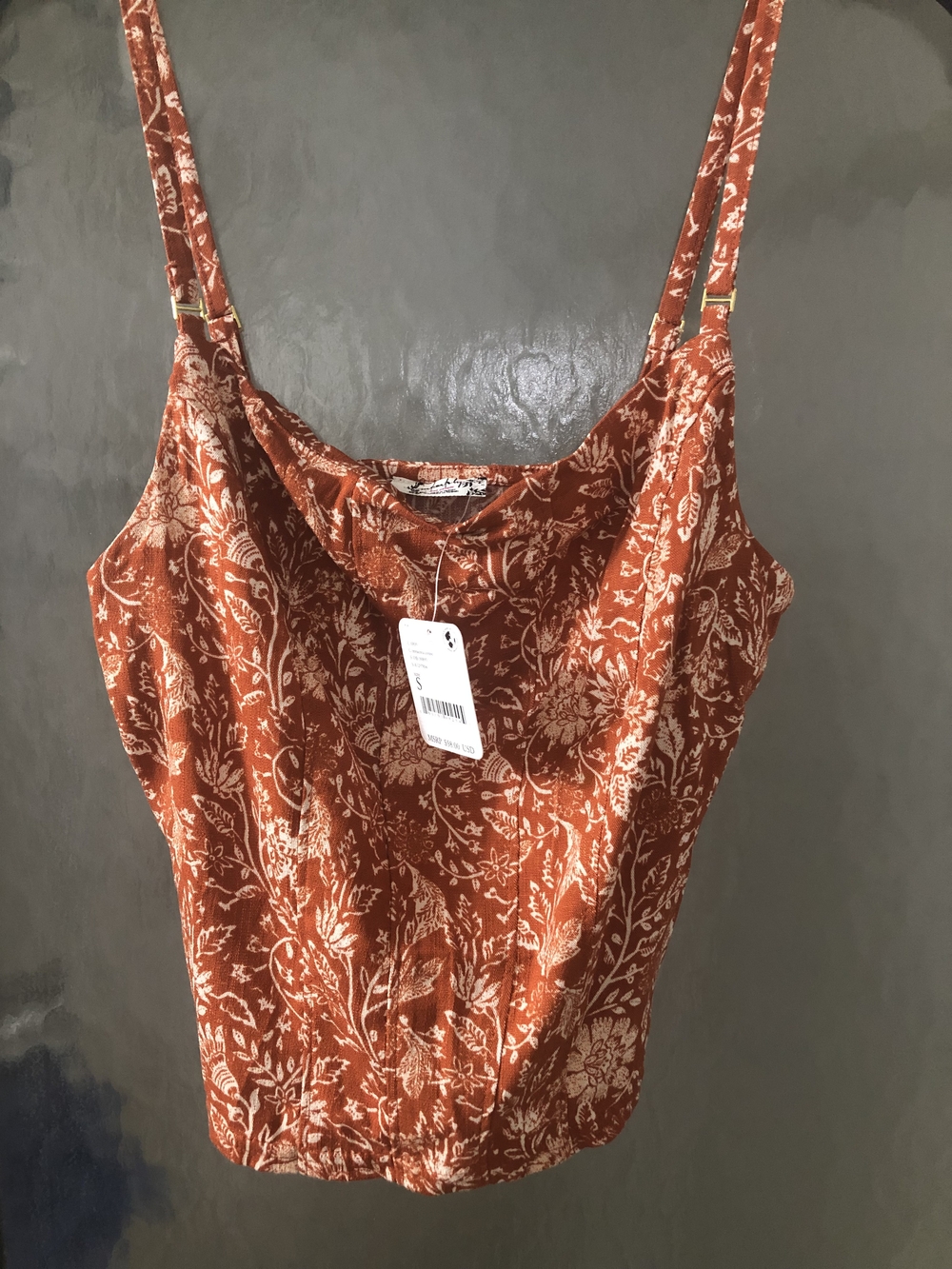 Free People Floral Cowl Neck Cami in Rust and Cream